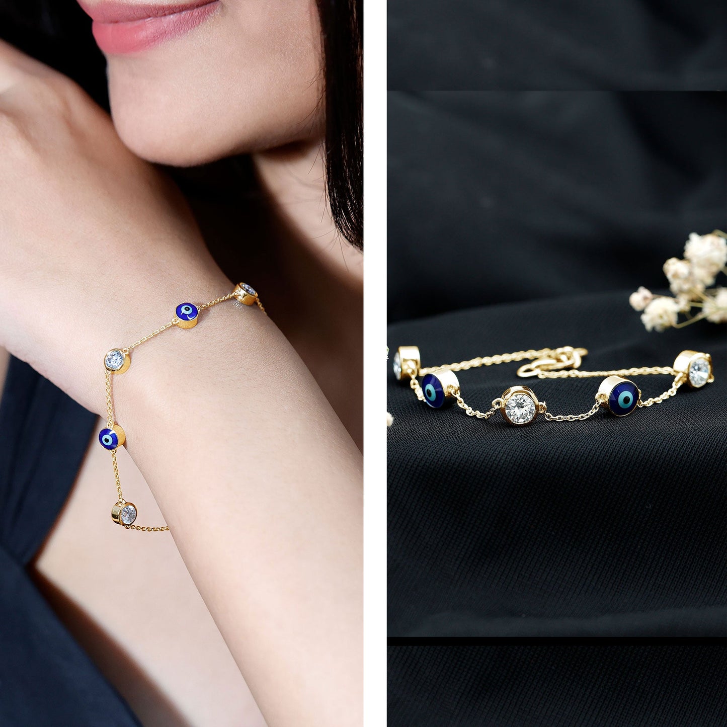 Certified Moissanite and Evil Eye Station Chain Bracelet