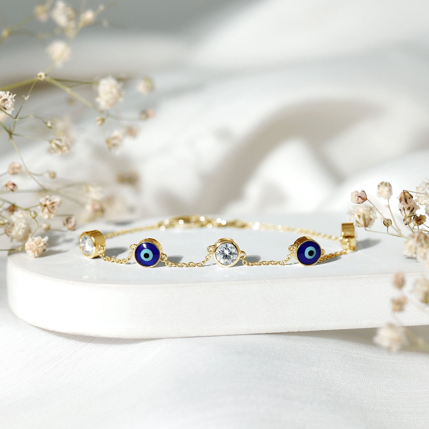 Certified Moissanite and Evil Eye Station Chain Bracelet
