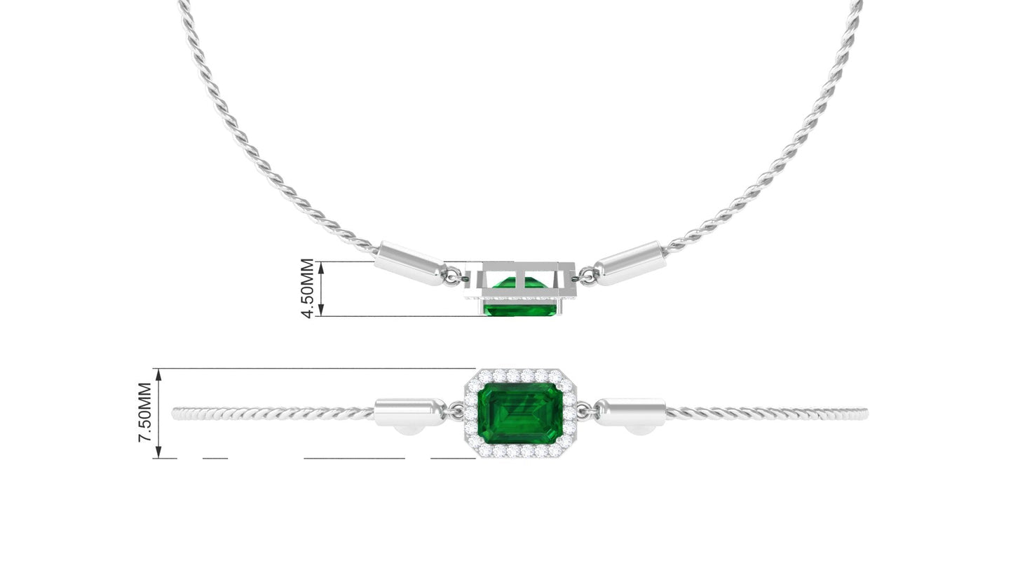 1.6 Carat Emerald Cut Lab Created Emerald Bolo Bracelet with Diamond Halo