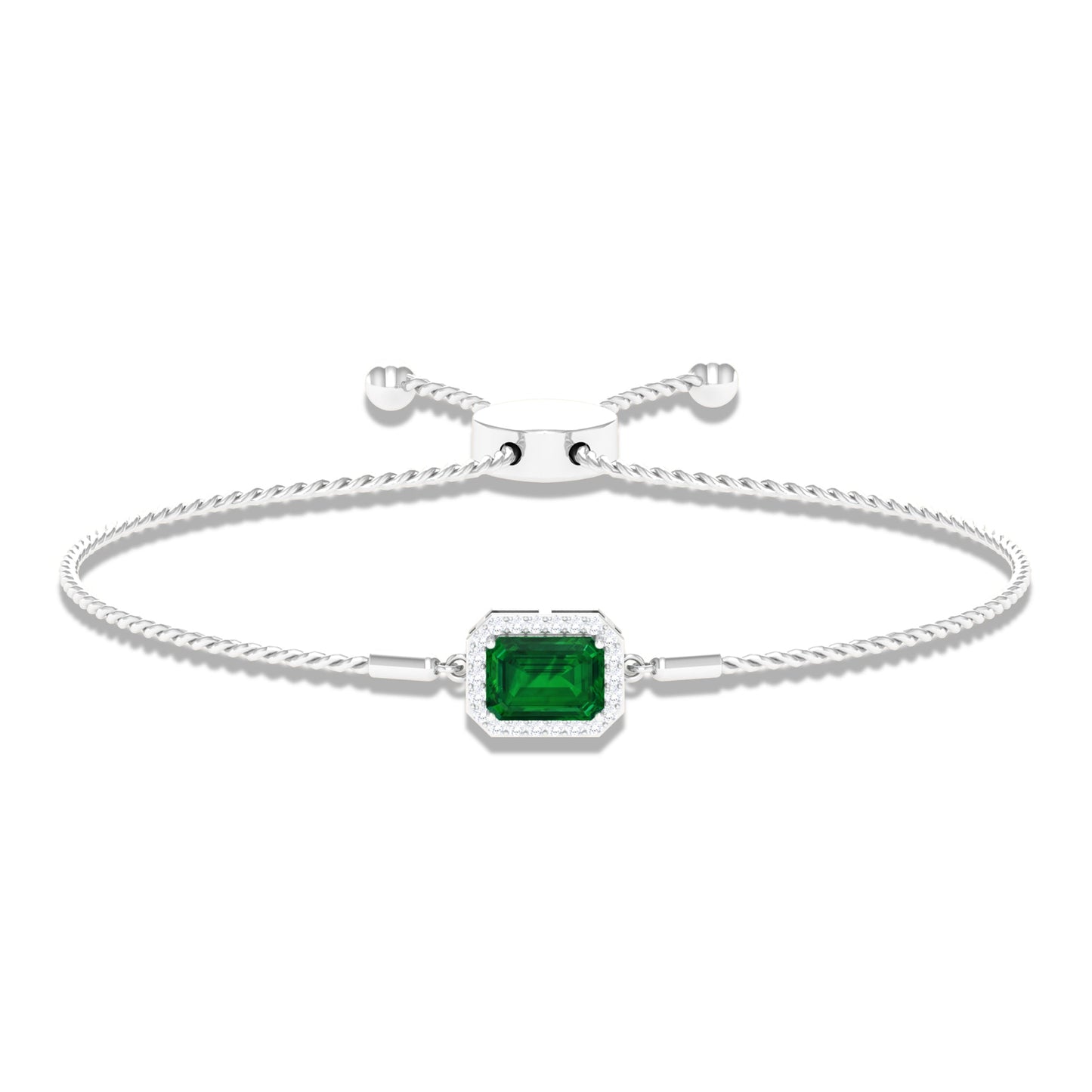 1.6 Carat Emerald Cut Lab Created Emerald Bolo Bracelet with Diamond Halo