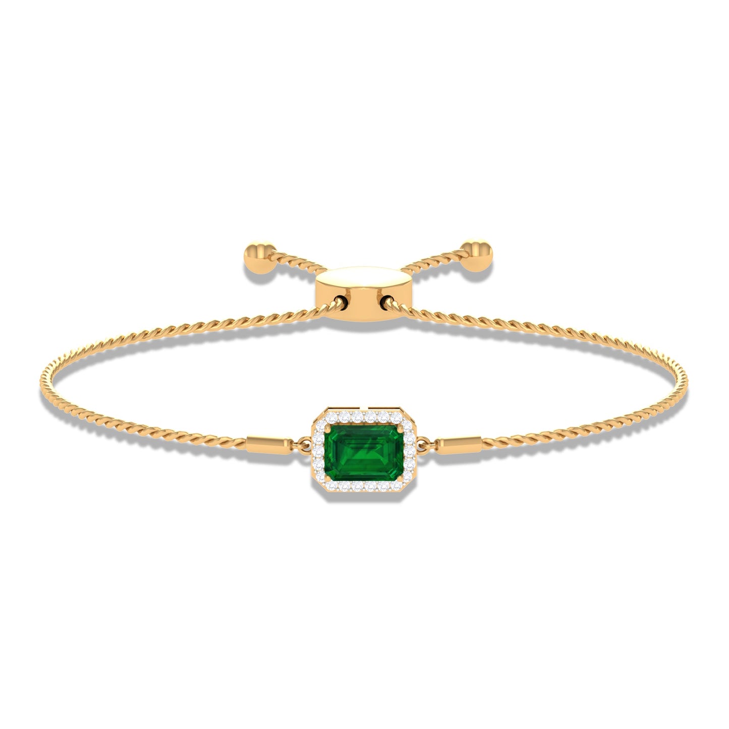 1.6 Carat Emerald Cut Lab Created Emerald Bolo Bracelet with Diamond Halo