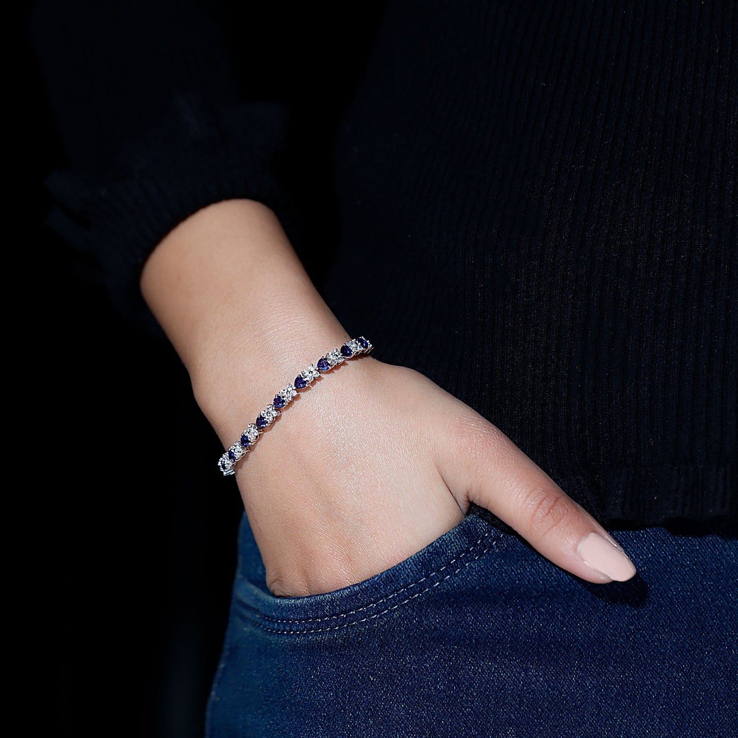 Certified Lab Grown Blue Sapphire Heart Tennis Bracelet with Moissanite