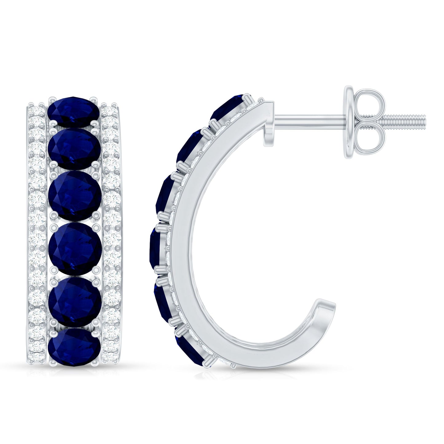 Real Blue Sapphire and Diamond Half Hoop Earrings