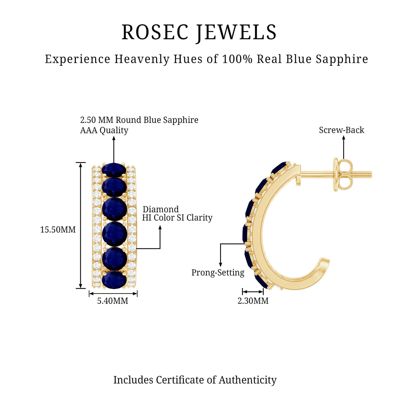 Real Blue Sapphire and Diamond Half Hoop Earrings