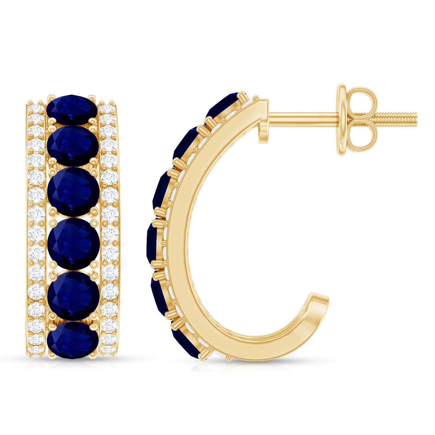 Real Blue Sapphire and Diamond Half Hoop Earrings