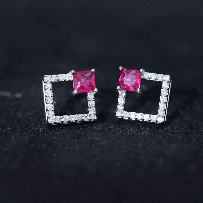 Princess Cut Lab Created Ruby and Diamond Square Stud Earrings