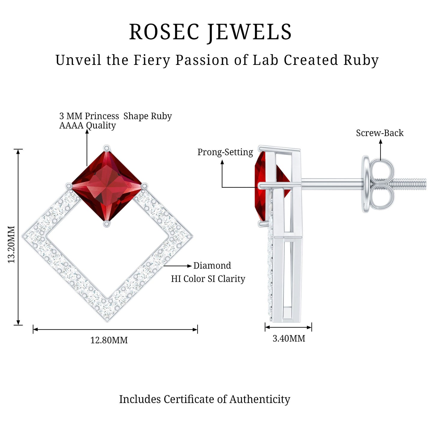 Princess Cut Lab Created Ruby and Diamond Square Stud Earrings