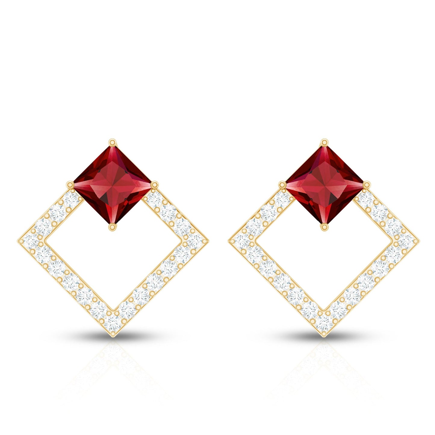 Princess Cut Lab Created Ruby and Diamond Square Stud Earrings