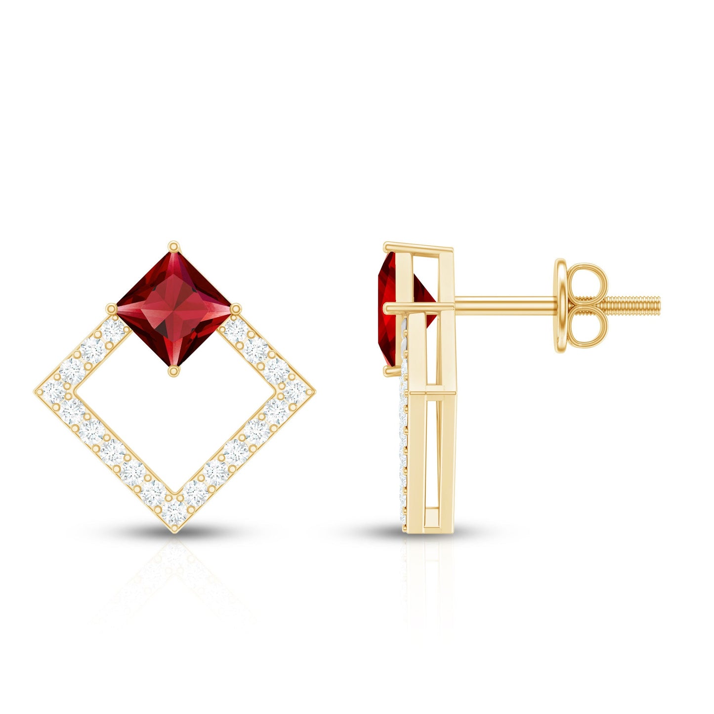 Princess Cut Lab Created Ruby and Diamond Square Stud Earrings