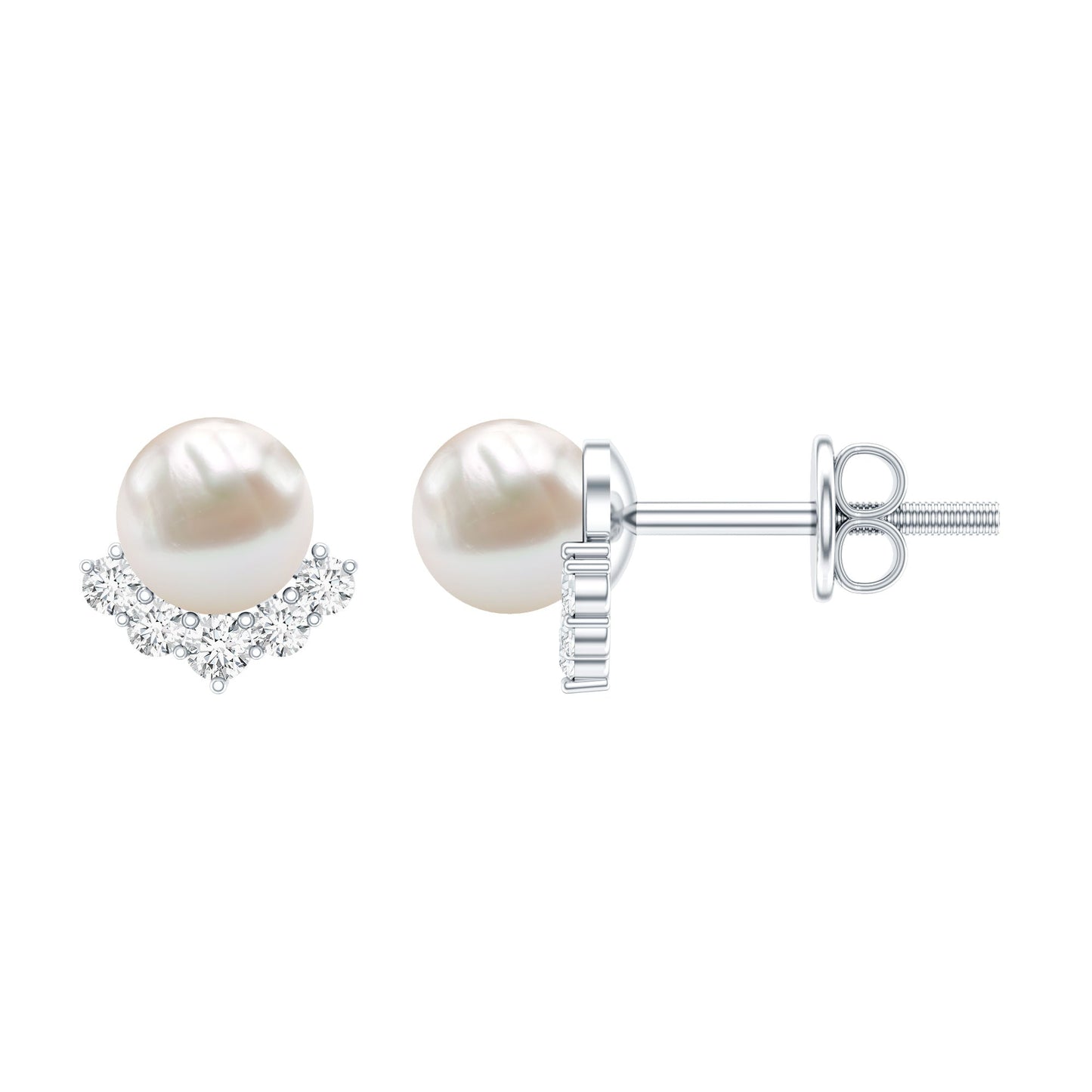 Modern Stud Earrings with Freshwater Pearl and Diamond