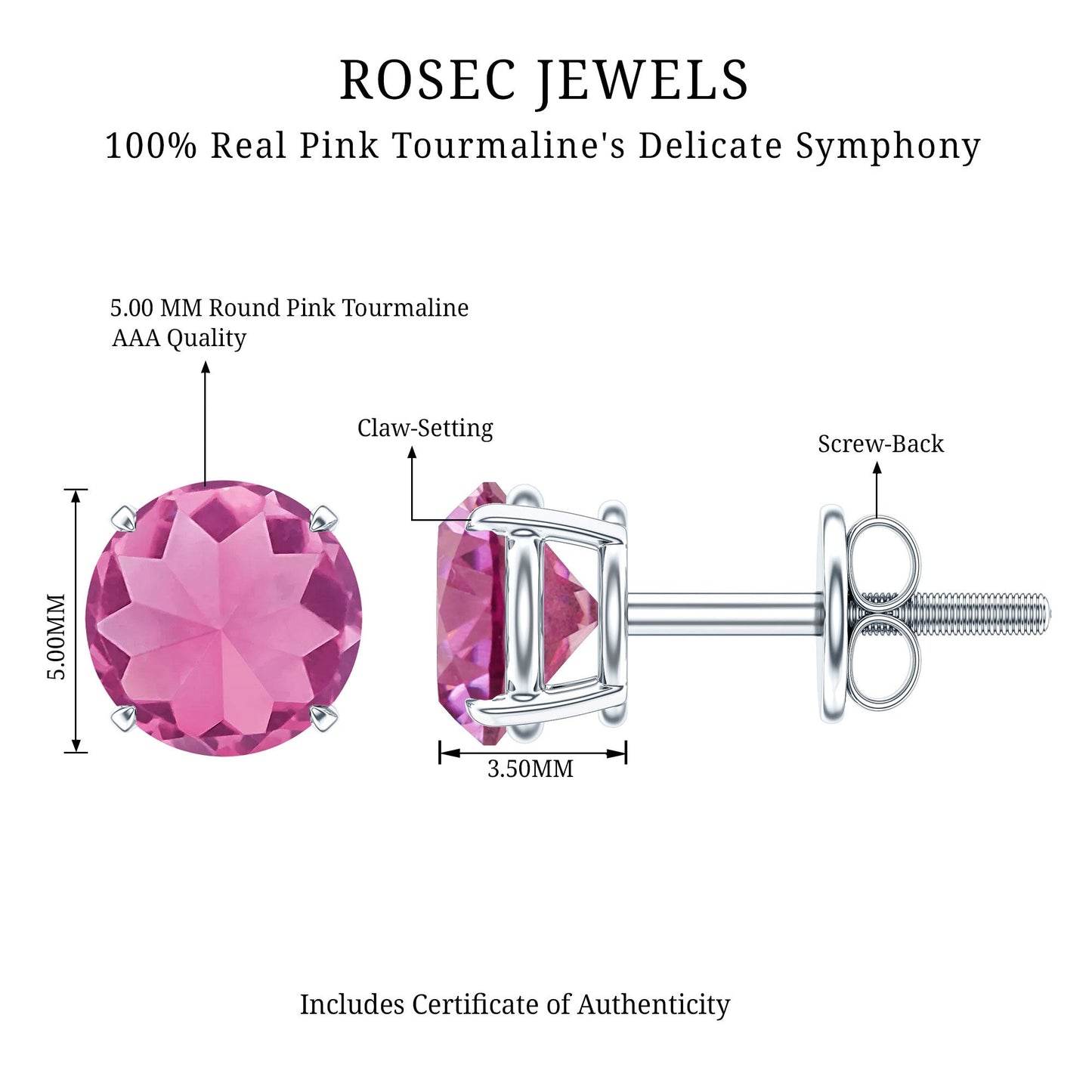 Round Shape Pink Tourmaline Stud Earrings for Women