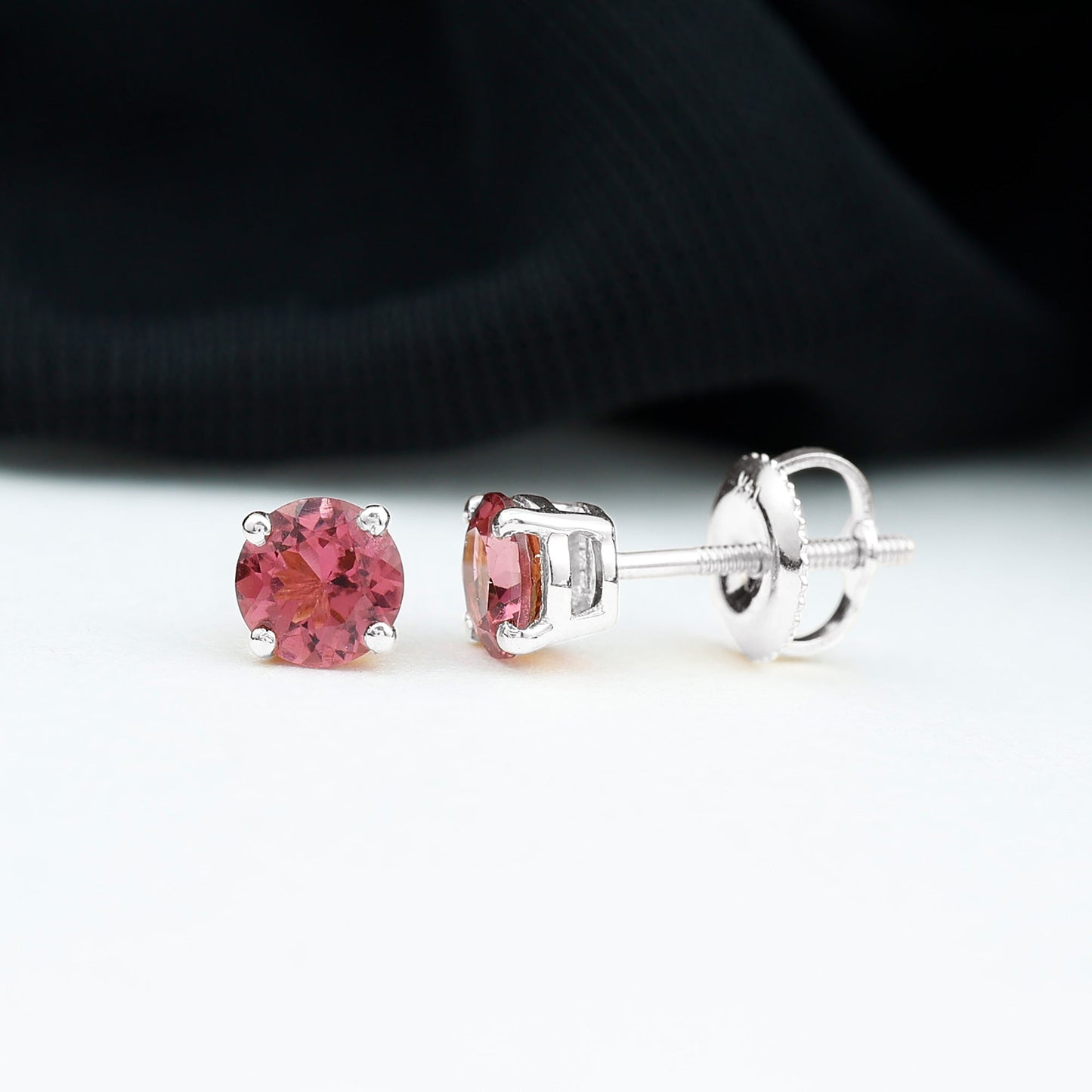 Round Shape Pink Tourmaline Stud Earrings for Women