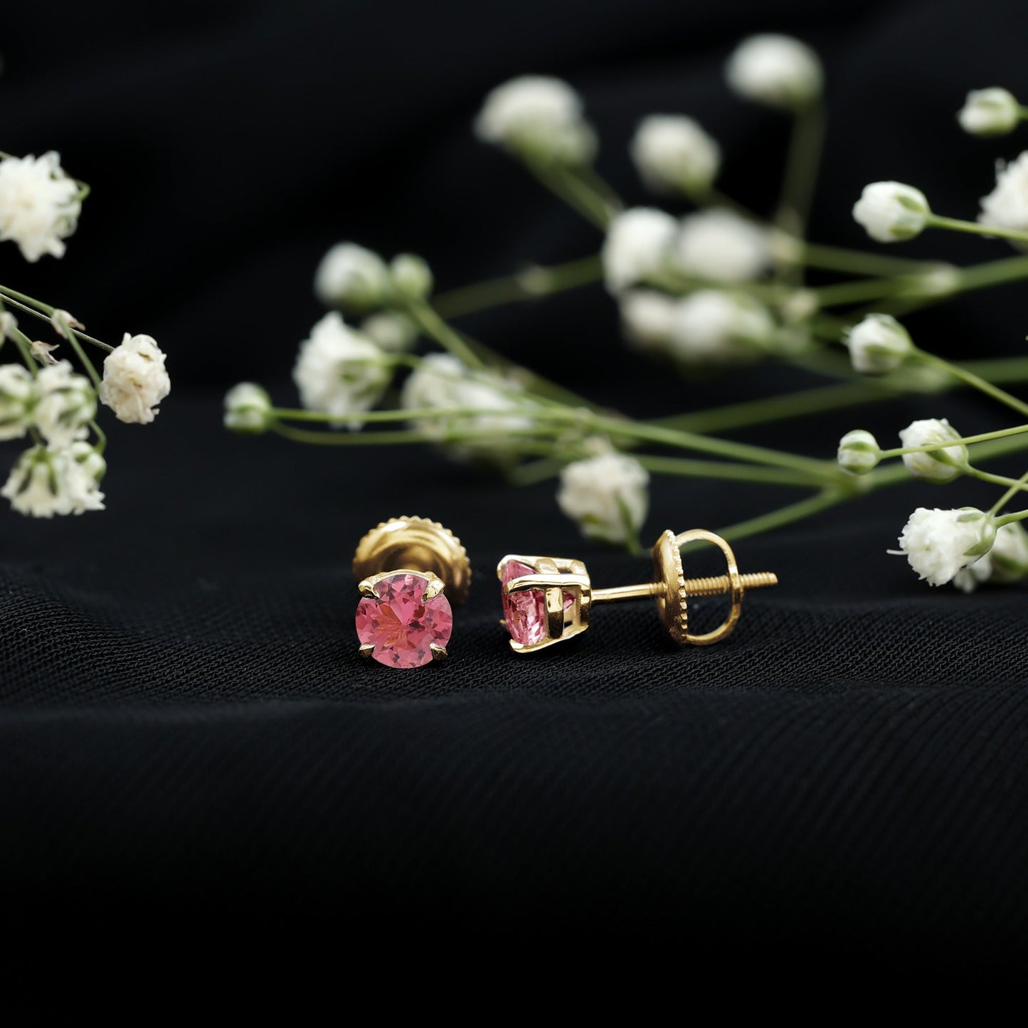 Round Shape Pink Tourmaline Stud Earrings for Women