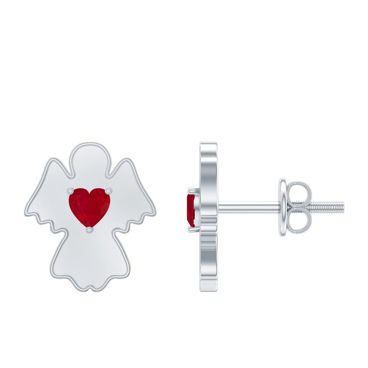 Heart Shape Ruby Angel Stud Earrings with Screw on Back