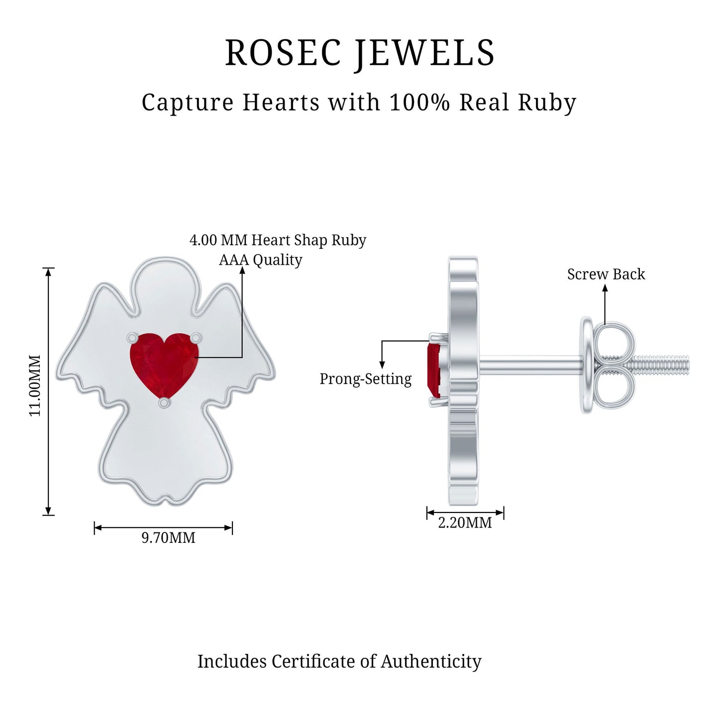 Heart Shape Ruby Angel Stud Earrings with Screw on Back