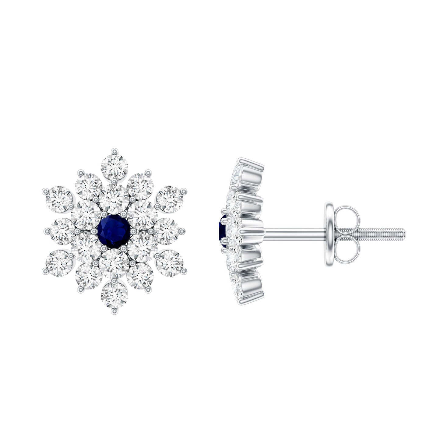 Real Blue Sapphire and Diamond Floral Cluster Stud Earrings