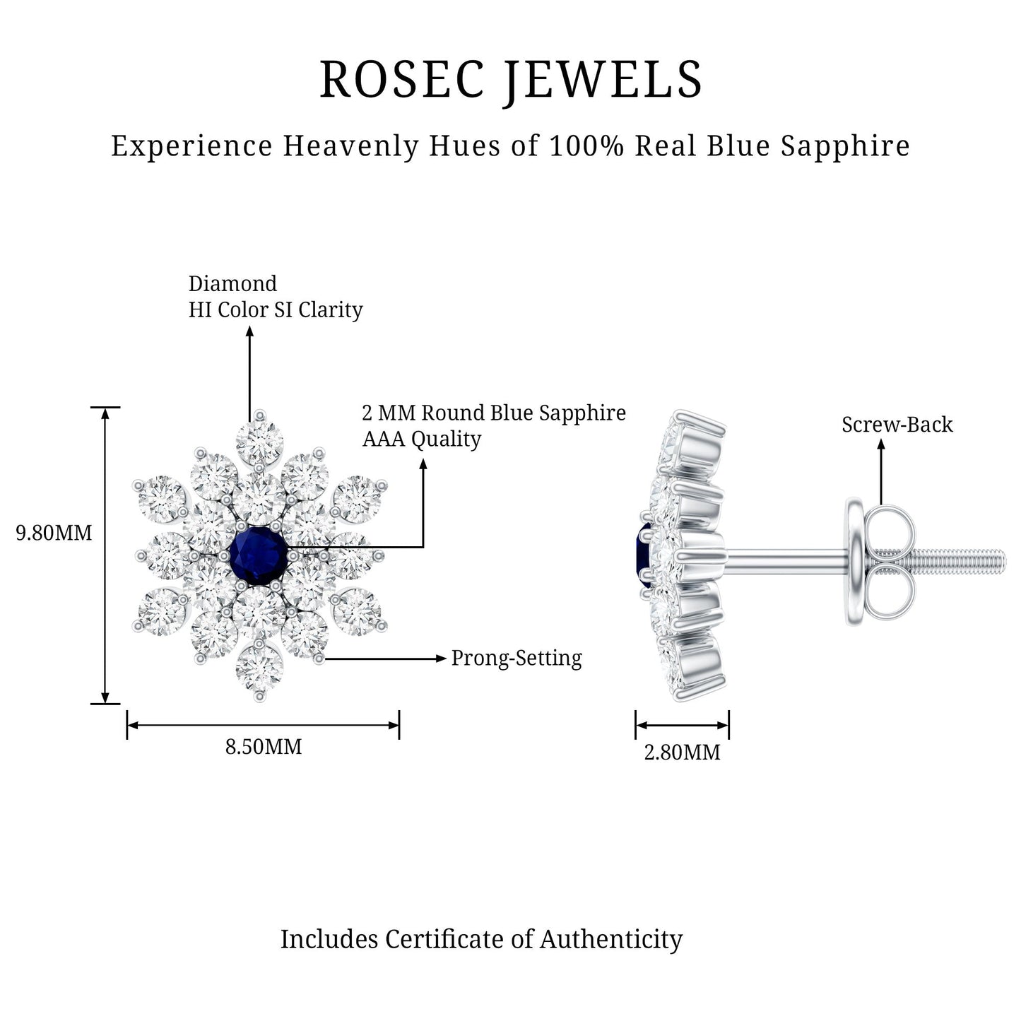 Real Blue Sapphire and Diamond Floral Cluster Stud Earrings