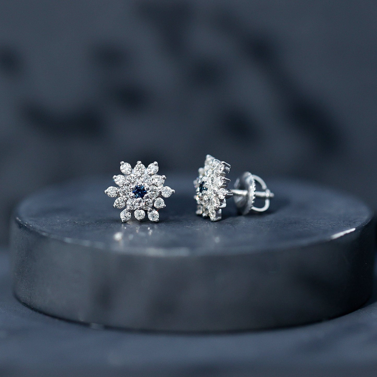 Real Blue Sapphire and Diamond Floral Cluster Stud Earrings