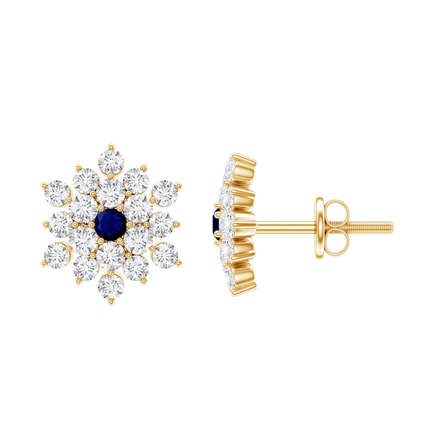 Real Blue Sapphire and Diamond Floral Cluster Stud Earrings