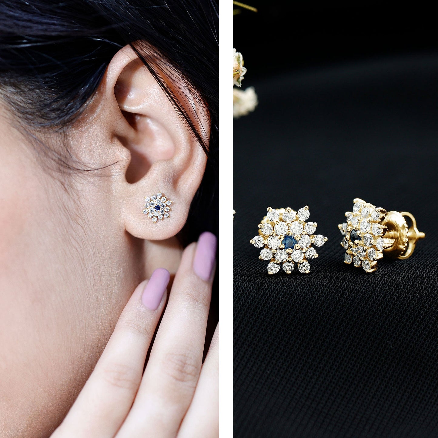 Real Blue Sapphire and Diamond Floral Cluster Stud Earrings