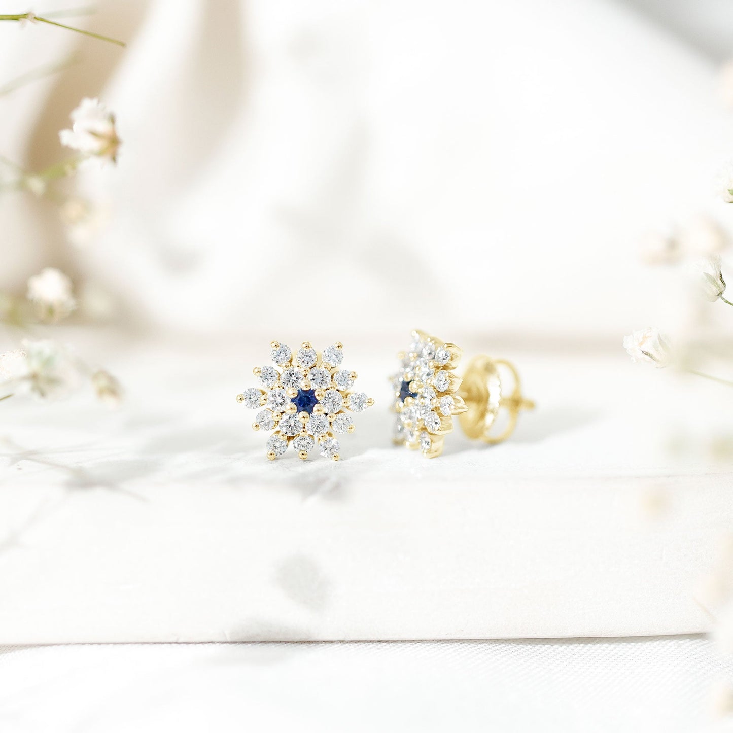 Real Blue Sapphire and Diamond Floral Cluster Stud Earrings