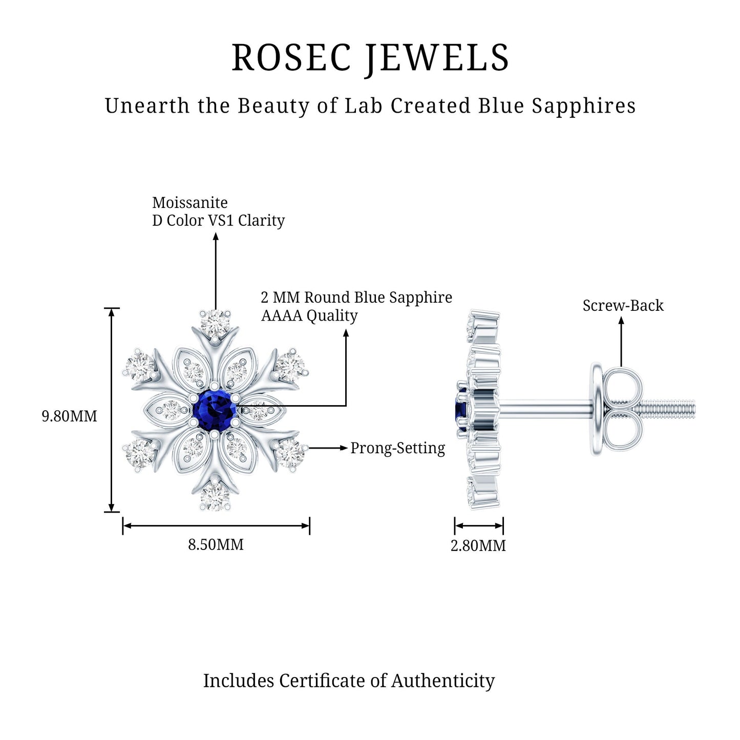 Created Blue Sapphire Snowflake Stud Earrings with Moissanite