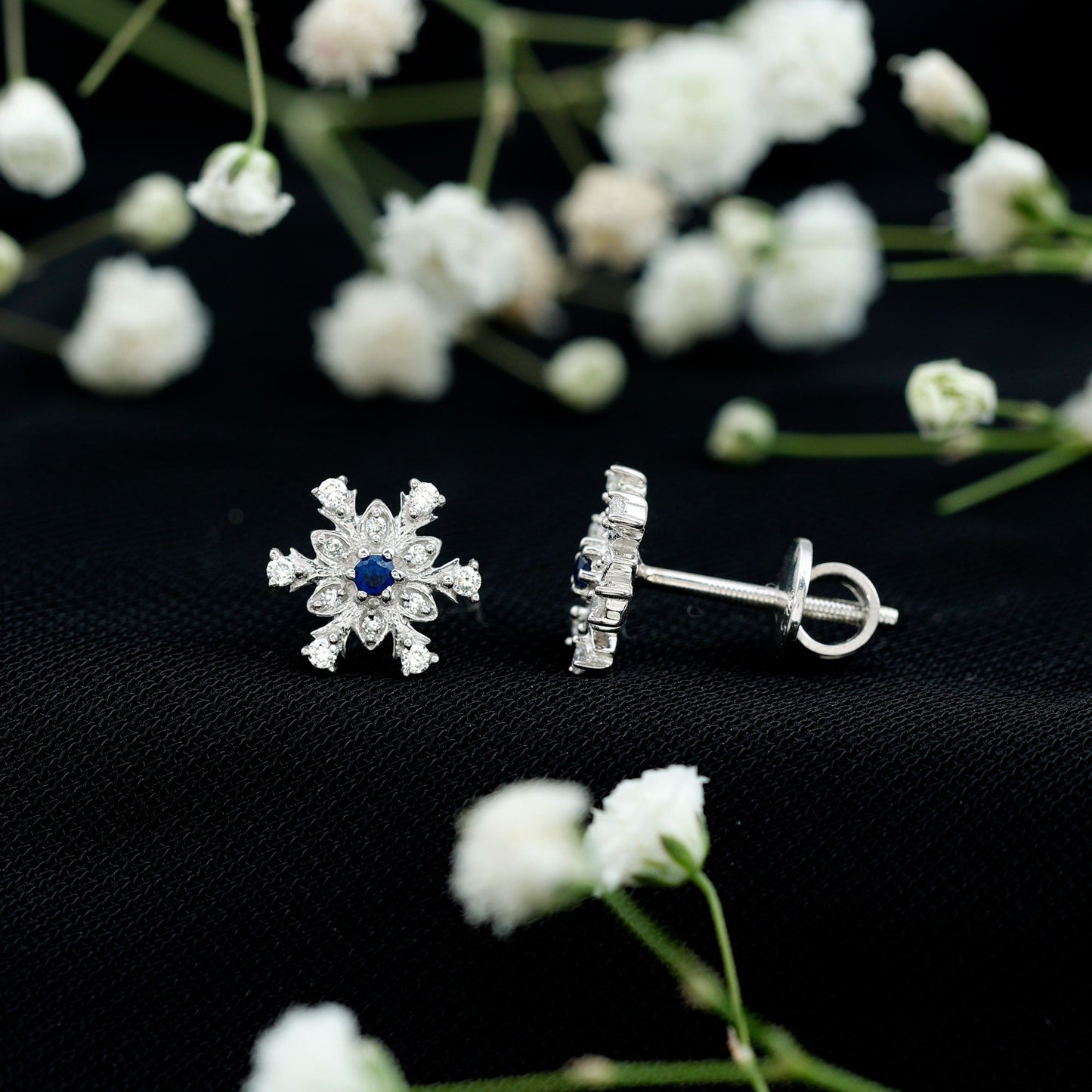 Created Blue Sapphire Snowflake Stud Earrings with Moissanite