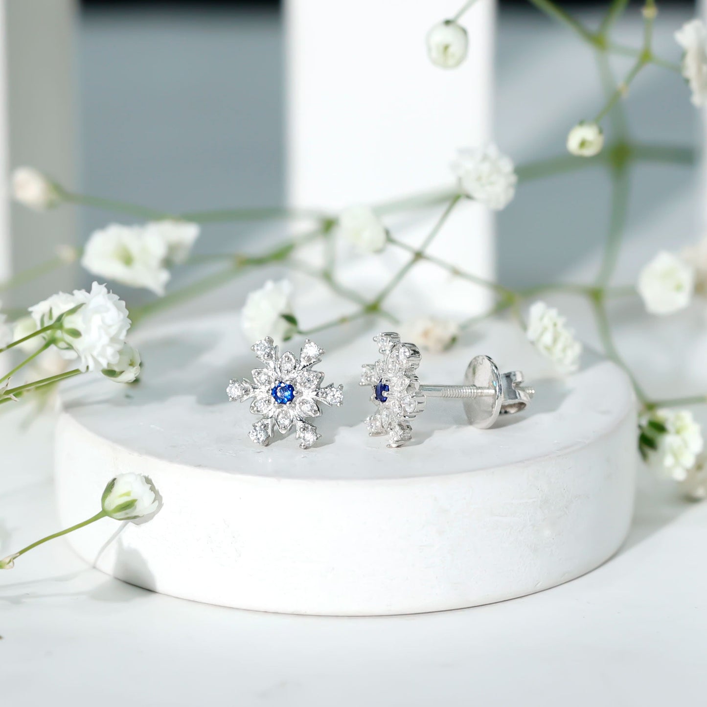 Created Blue Sapphire Snowflake Stud Earrings with Moissanite