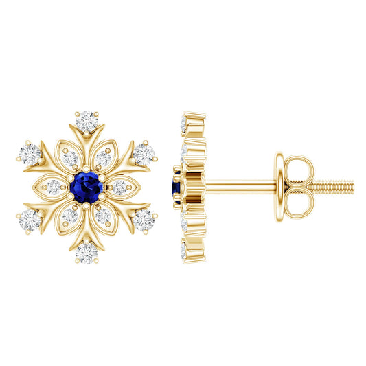 Created Blue Sapphire Snowflake Stud Earrings with Moissanite