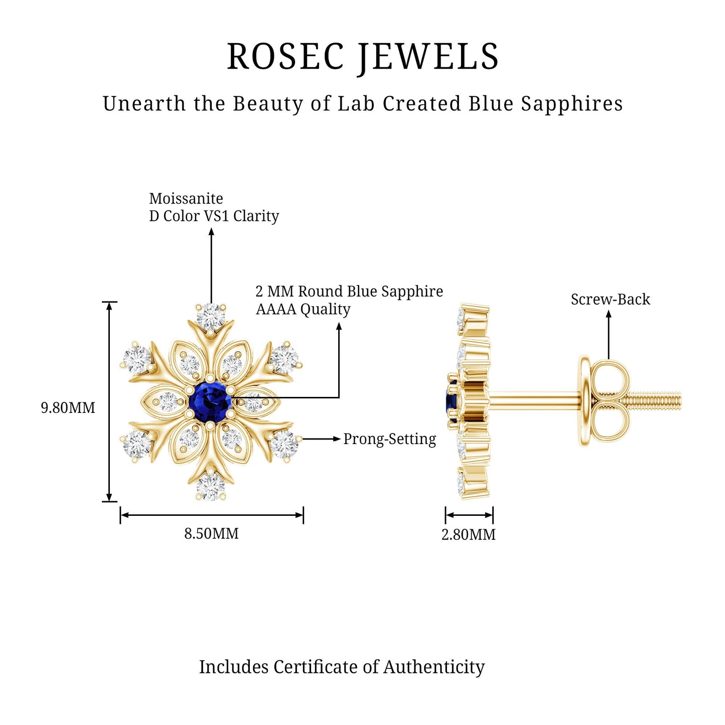 Created Blue Sapphire Snowflake Stud Earrings with Moissanite
