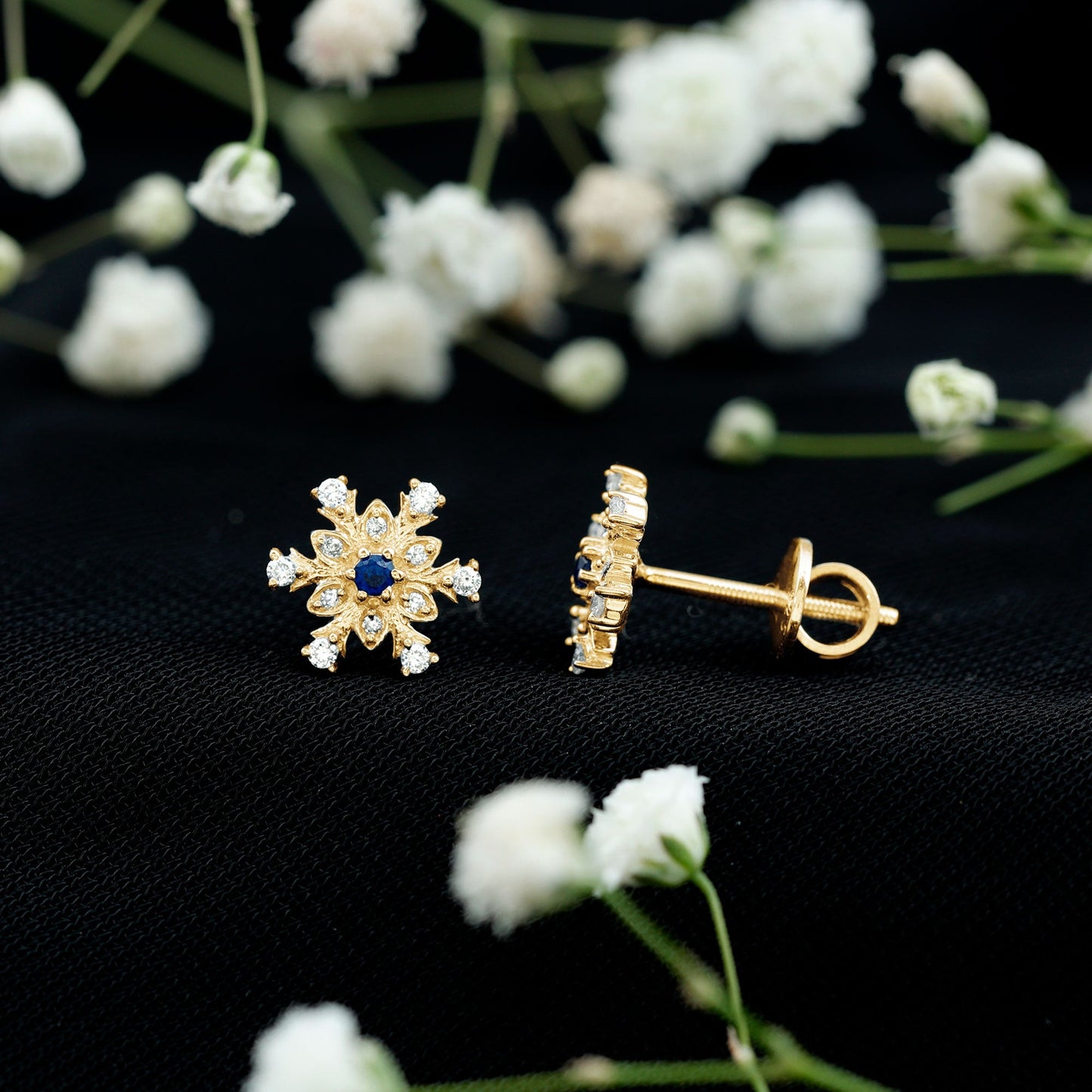 Created Blue Sapphire Snowflake Stud Earrings with Moissanite