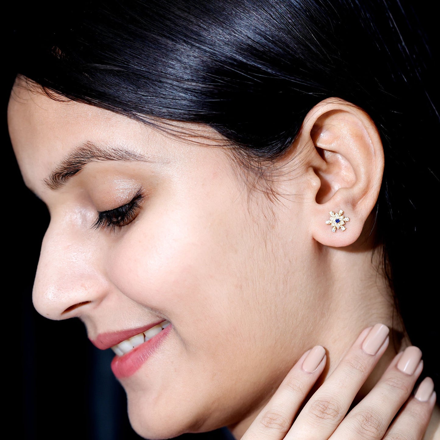 Created Blue Sapphire Snowflake Stud Earrings with Moissanite