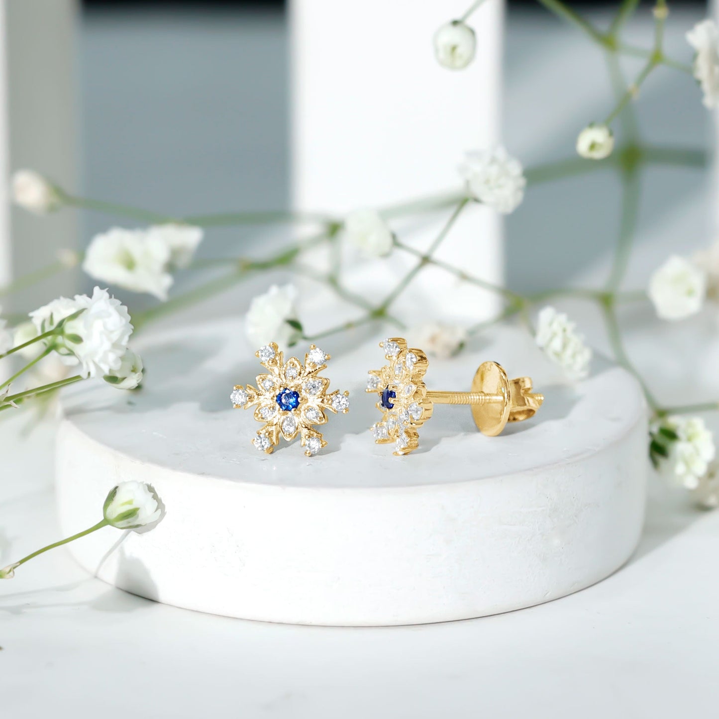 Created Blue Sapphire Snowflake Stud Earrings with Moissanite