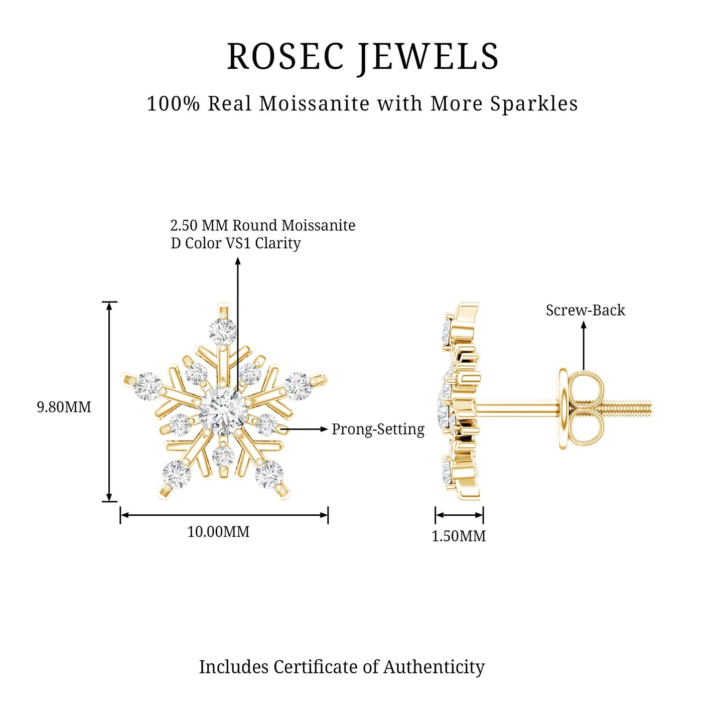 Certified Moissanite Snowflake Stud Earrings for Women