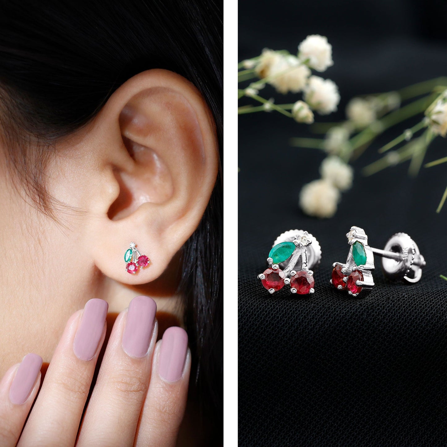 Natural Ruby and Emerald Cherry Earrings with Certificate