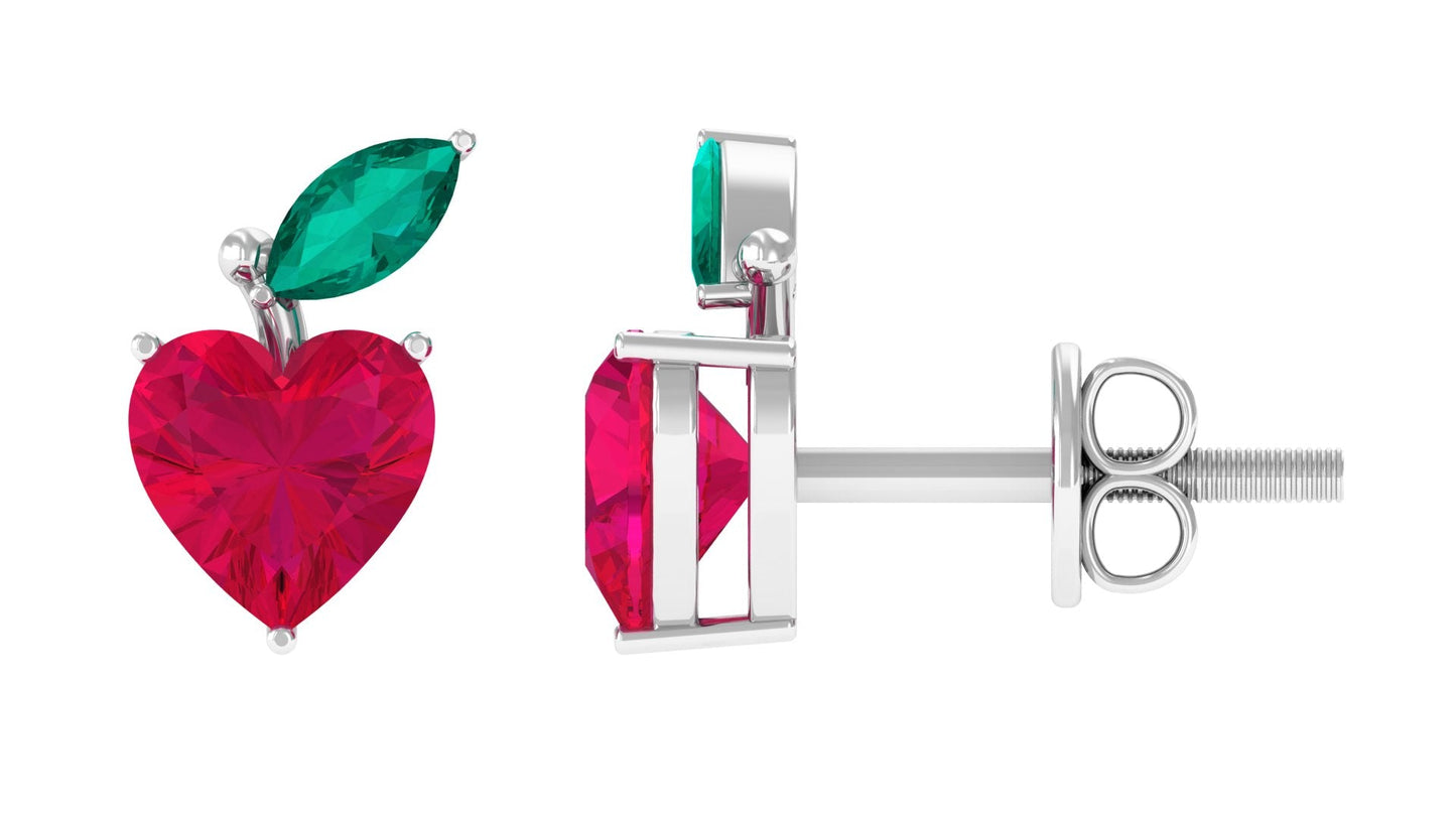 Heart Shape Ruby Strawberry Stud Earrings with Emerald