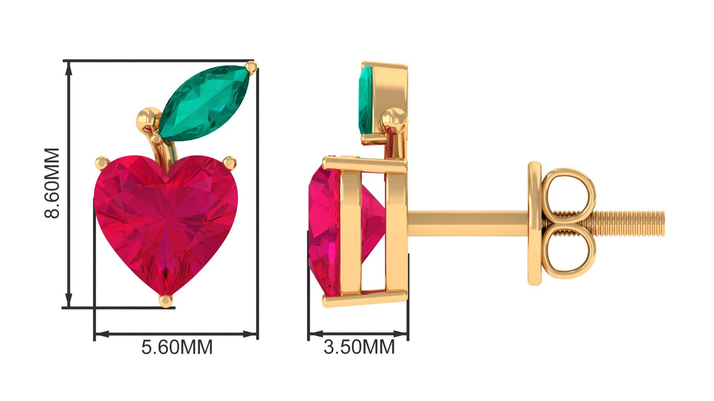 Heart Shape Ruby Strawberry Stud Earrings with Emerald