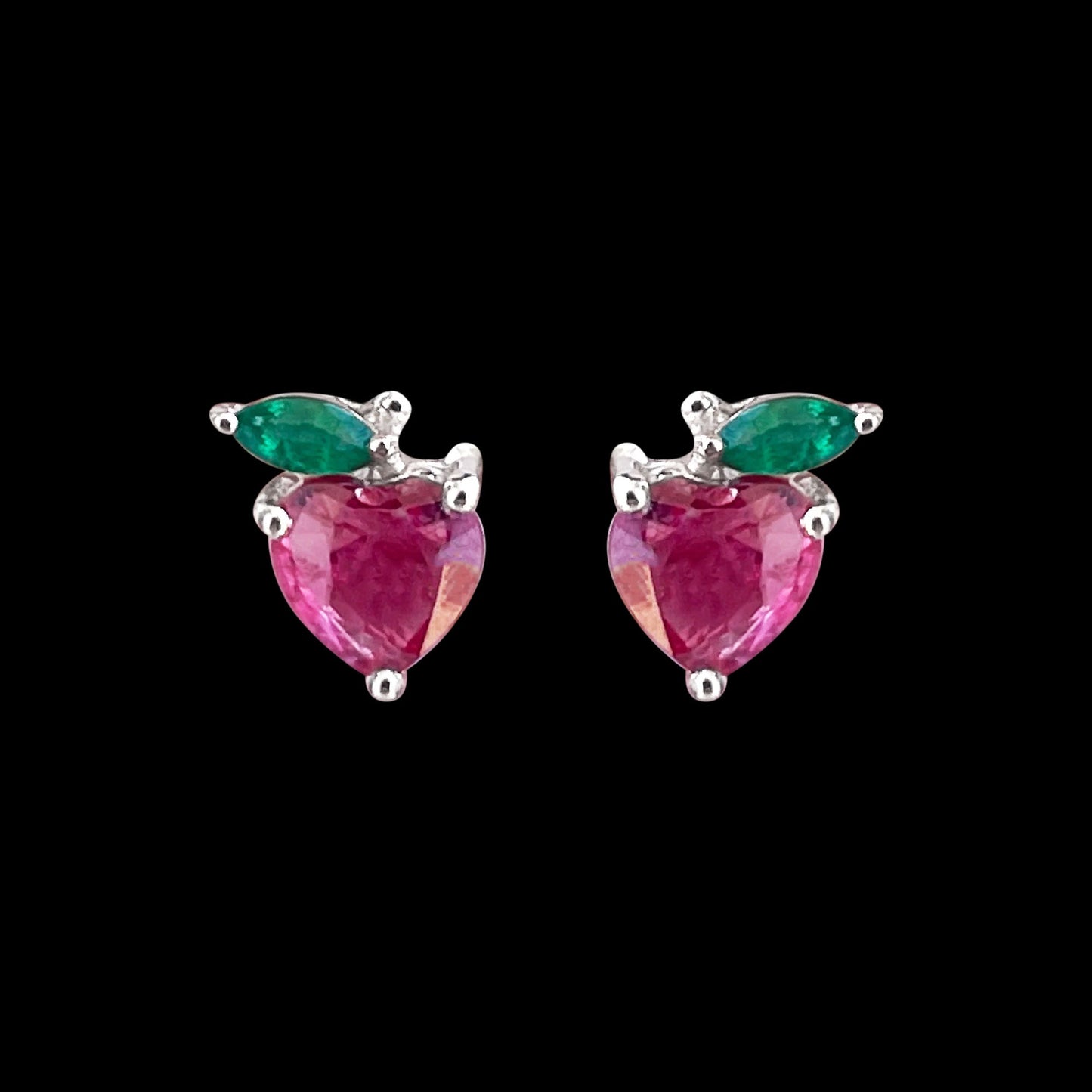 Heart Shape Ruby Strawberry Stud Earrings with Emerald