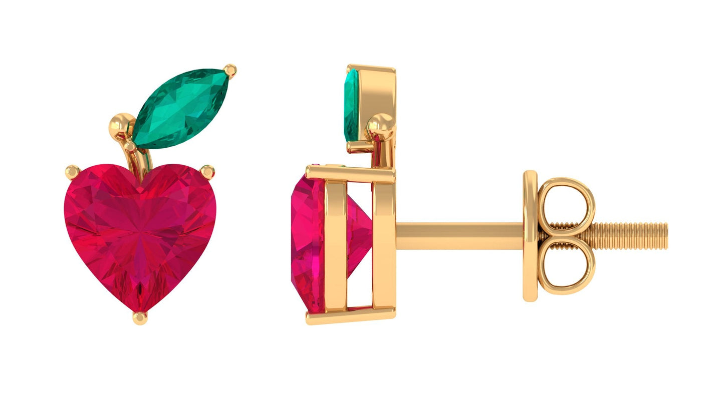 Heart Shape Ruby Strawberry Stud Earrings with Emerald
