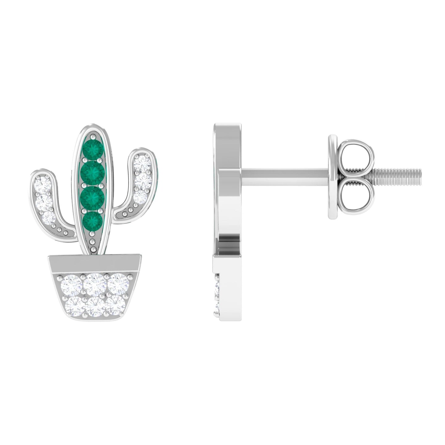 Real Emerald and Diamond Cactus Stud Earrings