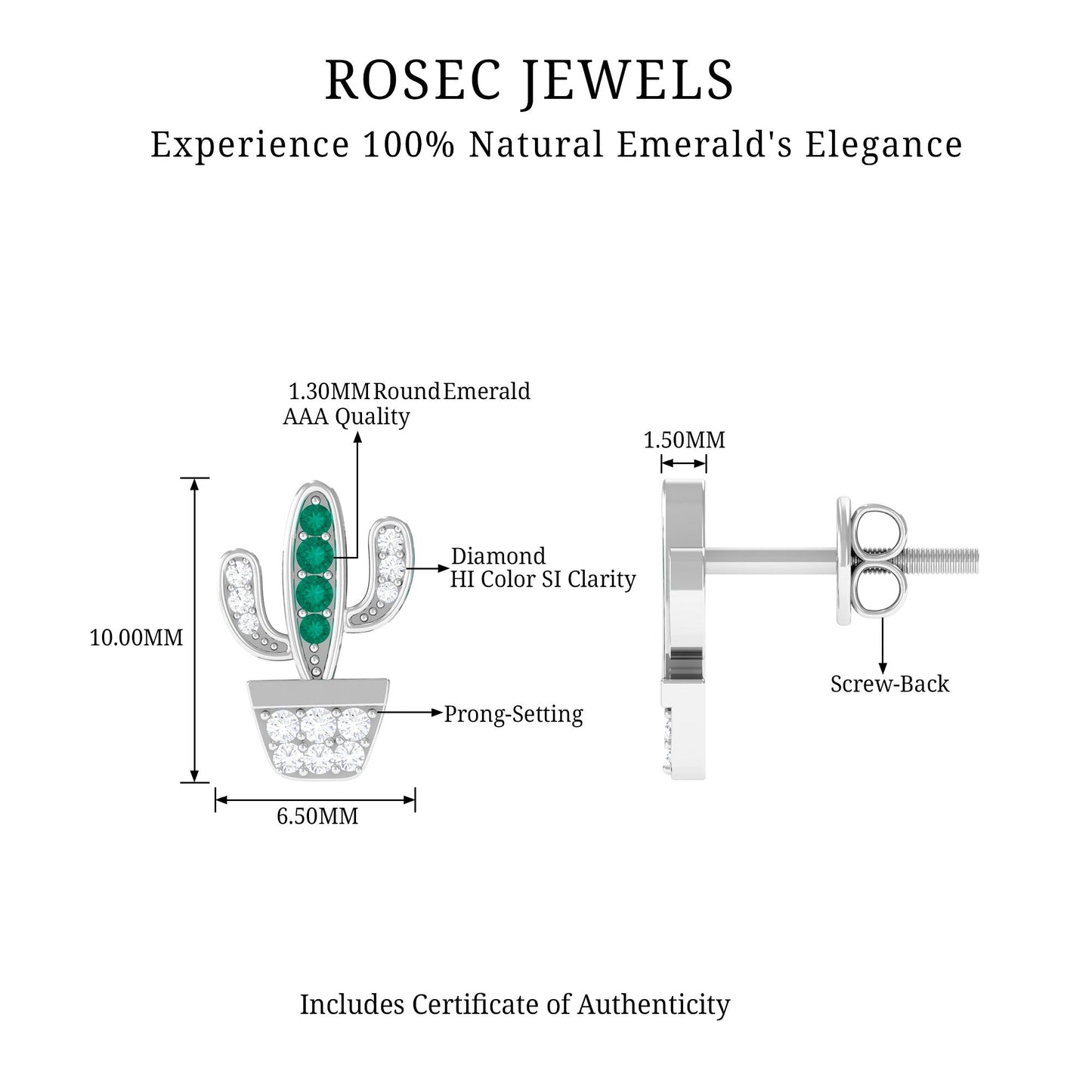 Real Emerald and Diamond Cactus Stud Earrings