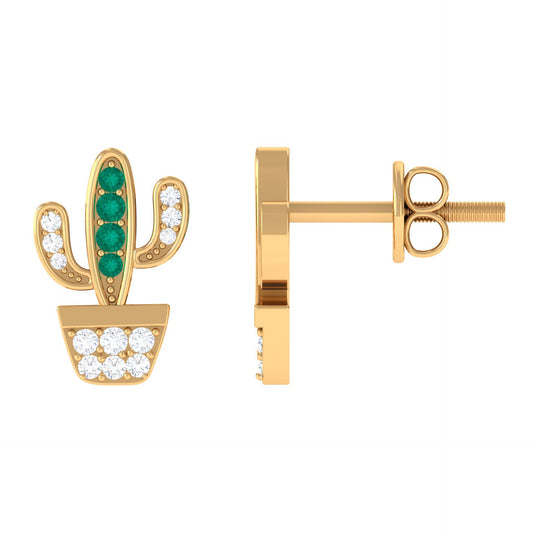 Real Emerald and Diamond Cactus Stud Earrings