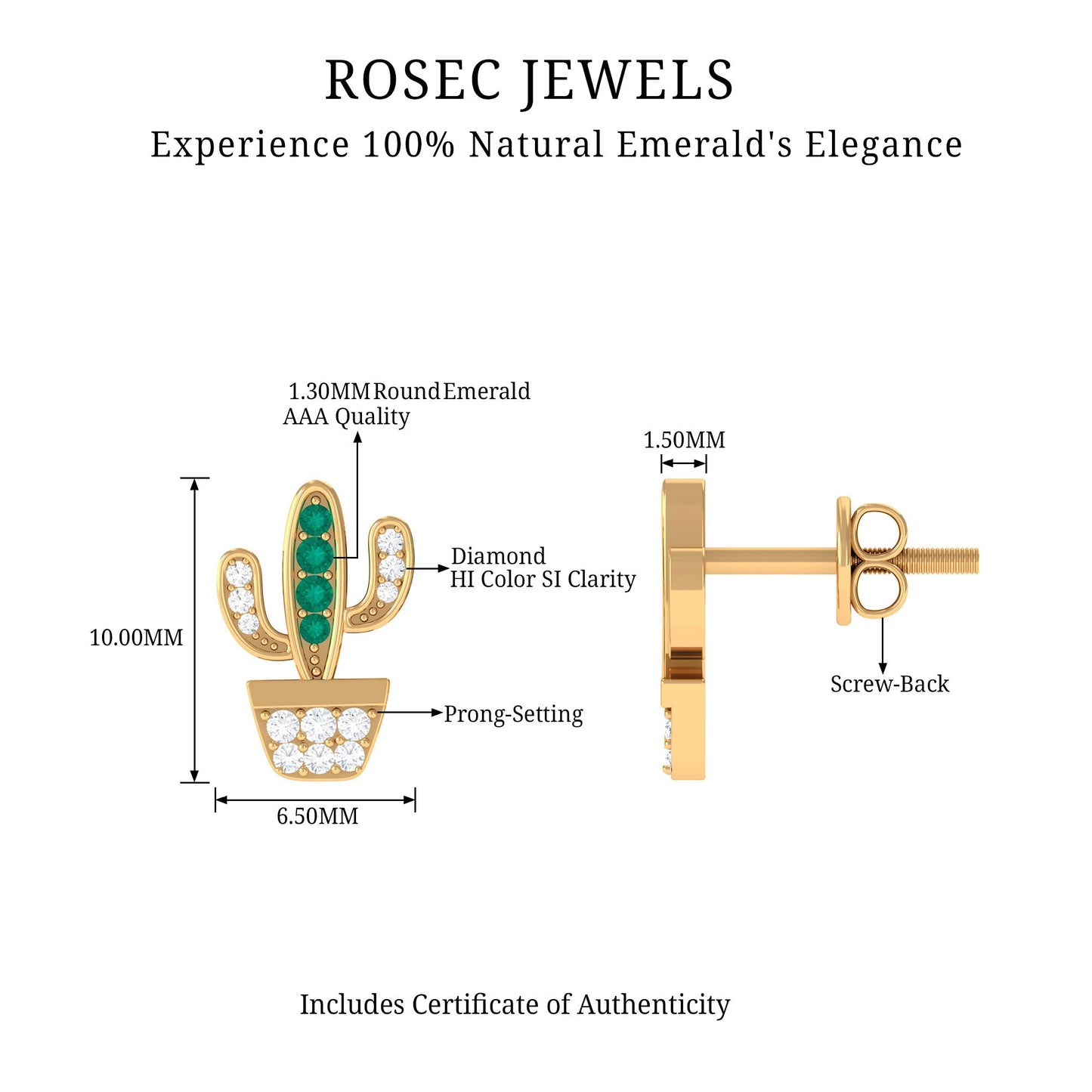 Real Emerald and Diamond Cactus Stud Earrings