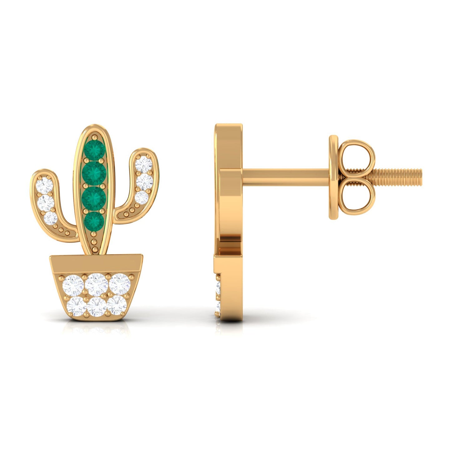 Real Emerald and Diamond Cactus Stud Earrings