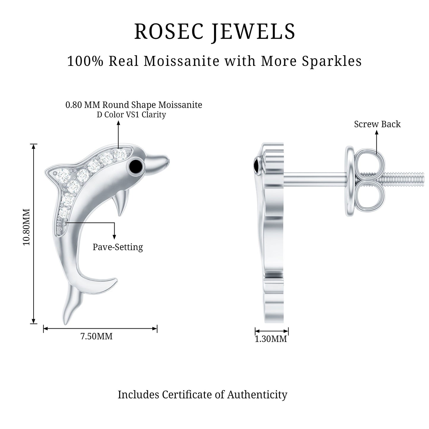 Cute Dolphin Stud Earrings with Moissanite