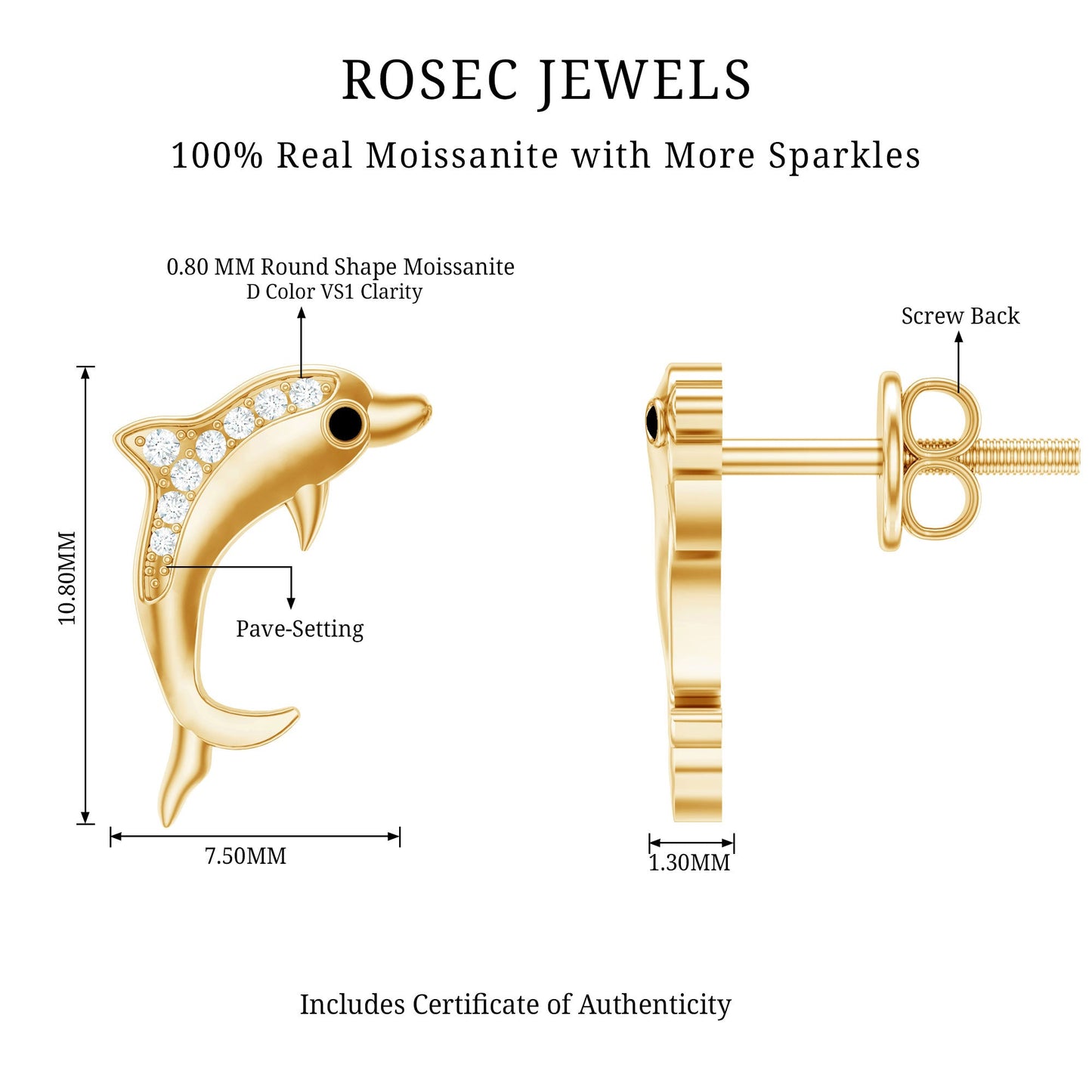 Cute Dolphin Stud Earrings with Moissanite
