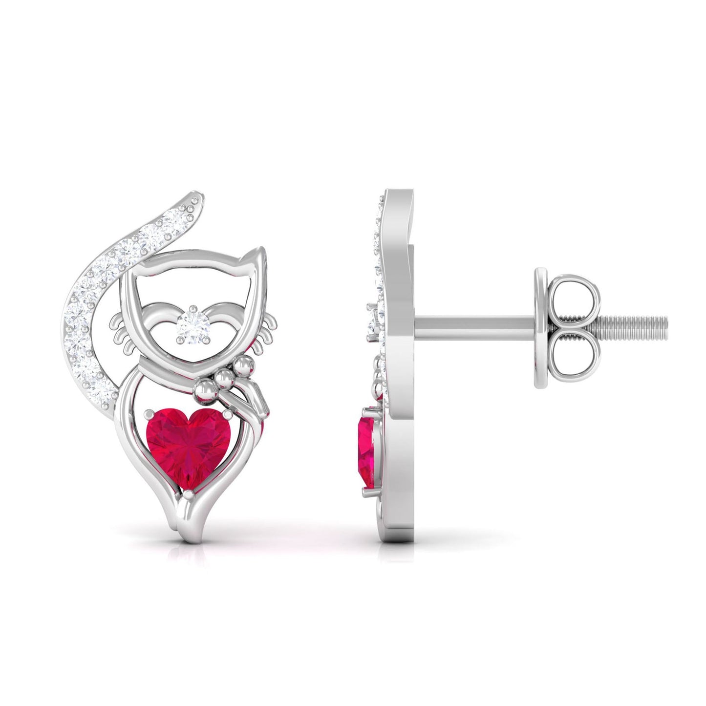 Heart Shape Ruby Cat Stud Earrings with Diamond
