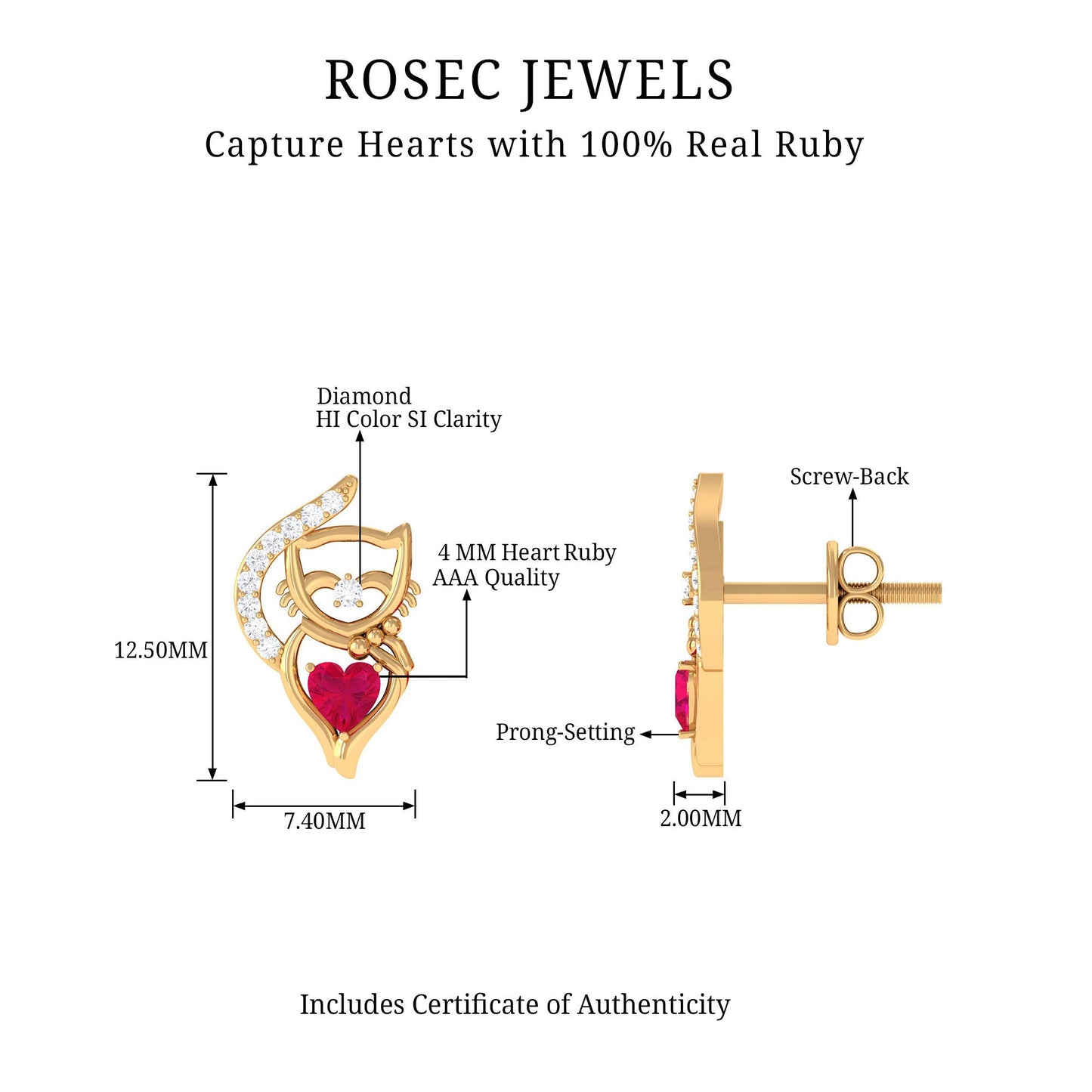 Heart Shape Ruby Cat Stud Earrings with Diamond