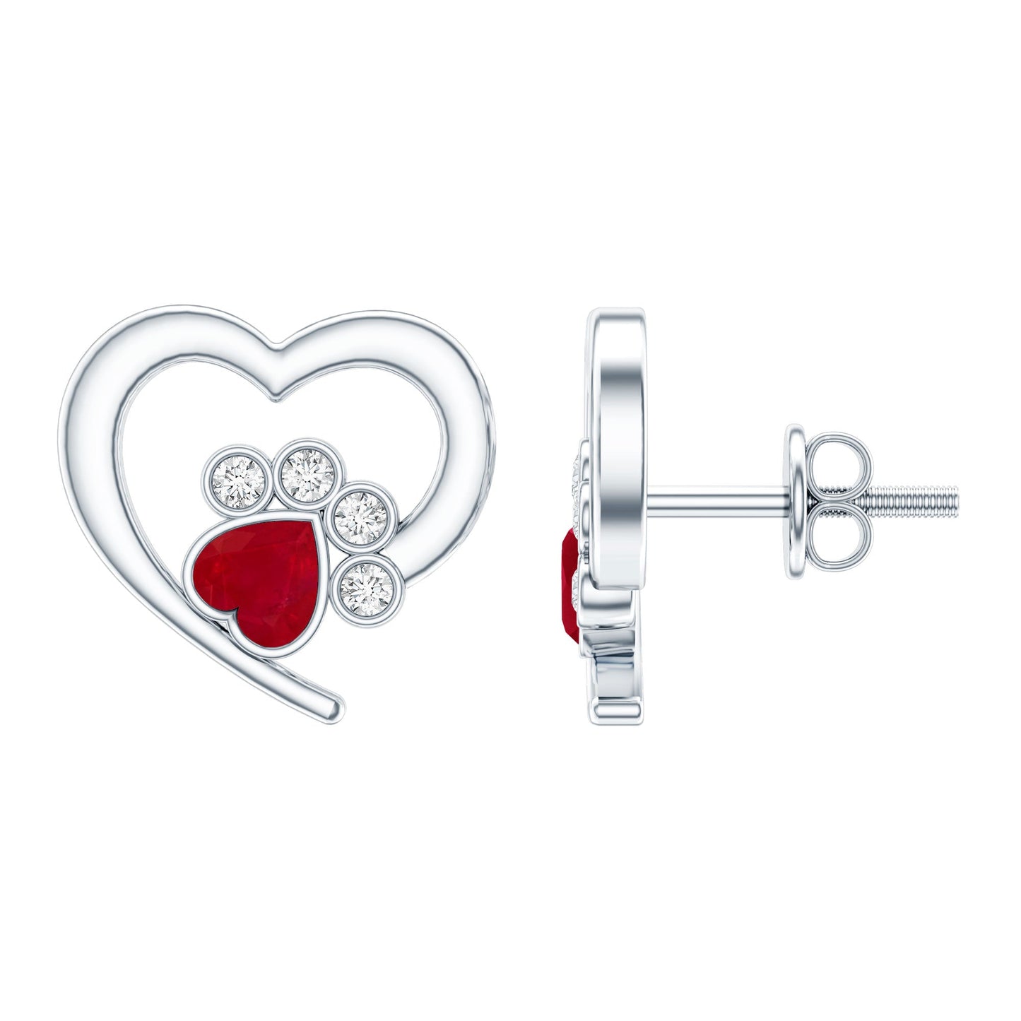 Cute Heart Paw Stud Earrings with Ruby and Diamond