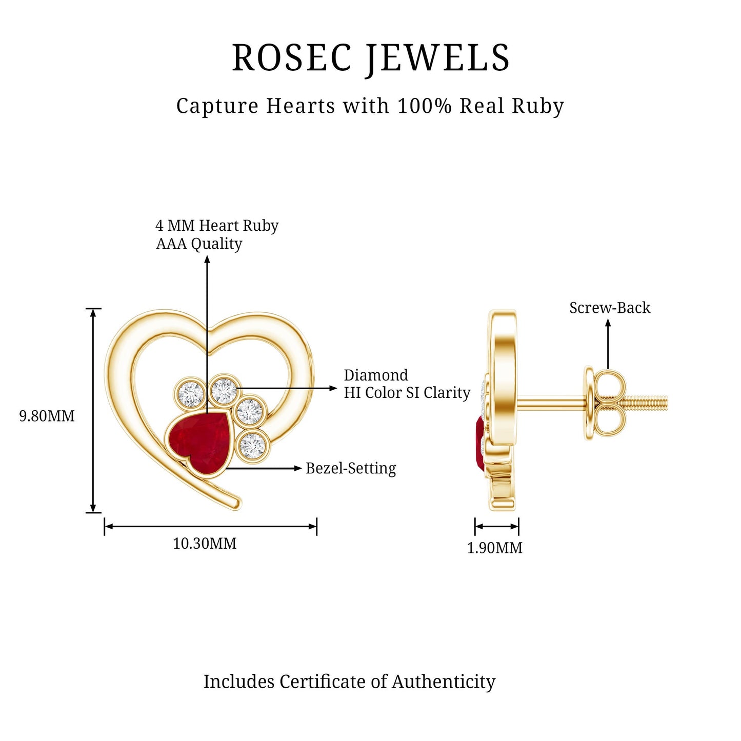 Cute Heart Paw Stud Earrings with Ruby and Diamond